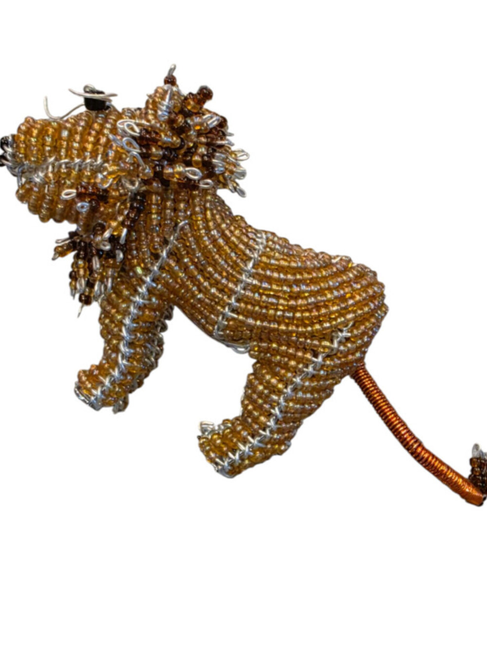 Vintage Hand Crafted Glass Bead Wire Sculpture Of African Lion